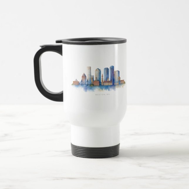 Boston City Skyline Watercolor | Modern Boston MA  Travel Mug (Left)