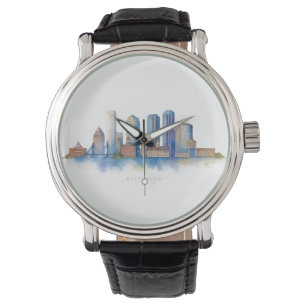 Boston City Skyline Watercolor   Modern Boston MA  Watch