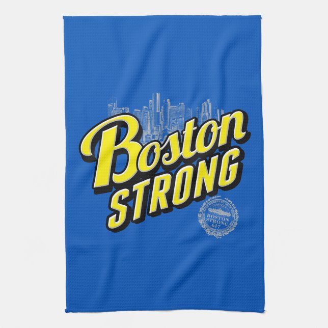 Boston City Strong Remembers on Blue Tea Towel (Vertical)