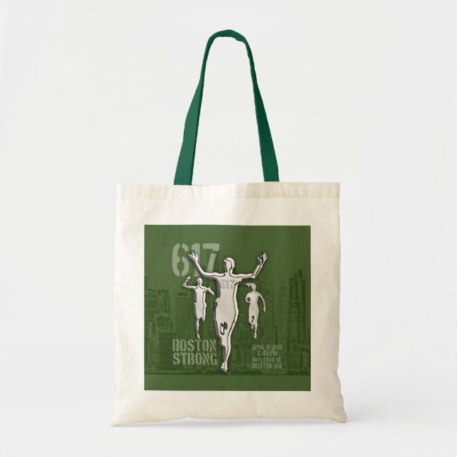 Boston City Strong Remembers Silver on Green Tote Bag (Front)