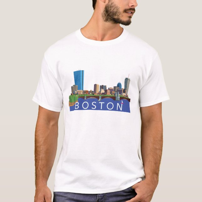 Boston Cityscape Skyline Computer Illustration T-Shirt (Front)