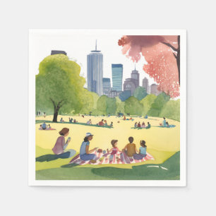 Boston Common Picnic   Summer Watercolor Painting Napkin