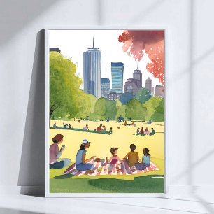 Boston Common Picnic Summer Watercolor Painting Poster