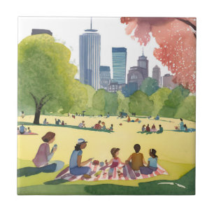 Boston Common Picnic Summer Watercolor Painting Tile