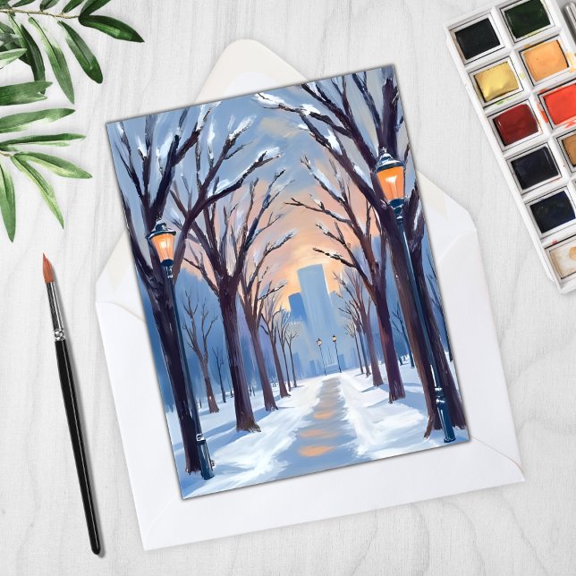 Boston Common Winter Snowfall Watercolor Card (Creator Uploaded)