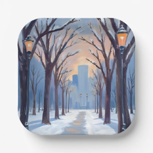 Boston Common Winter Snowfall Watercolor Paper Plate