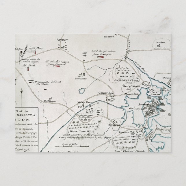 BOSTON-CONCORD MAP, 1775 POSTCARD (Front)