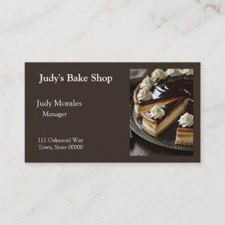Boston cream pie with slice removed business card