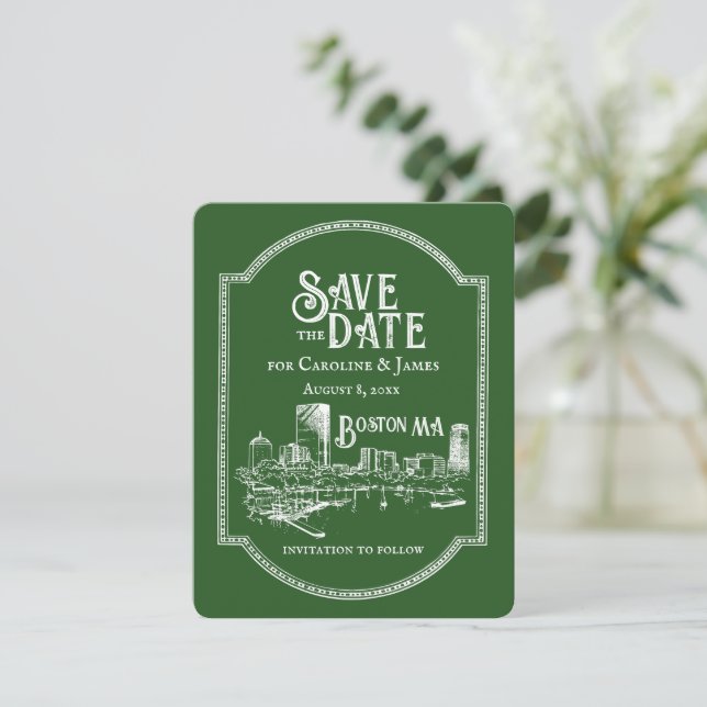 Boston Forest Green Save the Date Card (Standing Front)