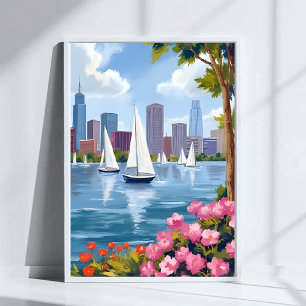 Boston Harbor Spring Boat Bay City Skyline Poster