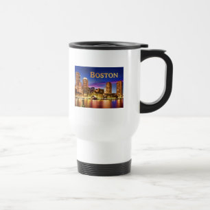 Boston Harbour at Night text BOSTON Travel Mug