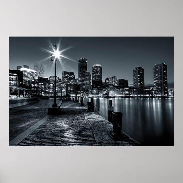 Boston Harbour B&W Night Poster (Front)