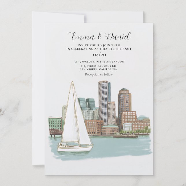 Boston Harbour Skyline Destination Wedding Invitation (Front)