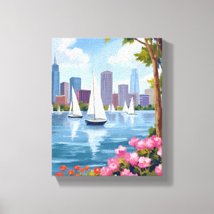 Boston Harbour Spring   Boat Bay City Skyline Canvas Print