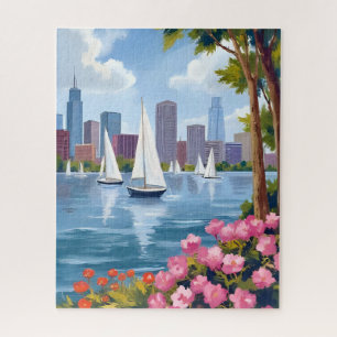 Boston Harbour Spring   Boat Bay City Skyline Jigsaw Puzzle