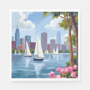 Boston Harbour Spring Boat Bay City Skyline Napkin
