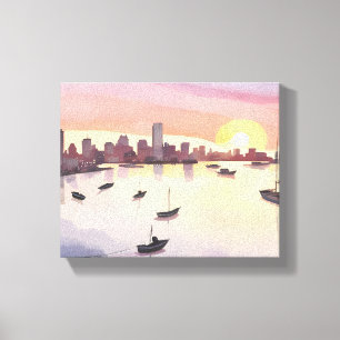 Boston Harbour   Watercolor Cityscape Massachusett Canvas Print