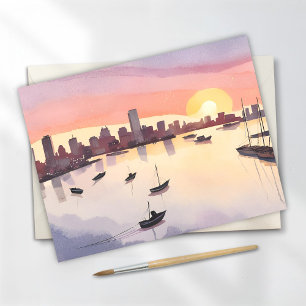 Boston Harbour   Watercolor Cityscape Massachusett Postcard