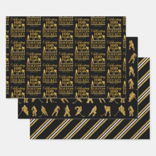 Boston Hockey Black And Gold Wrapping Paper Sheet