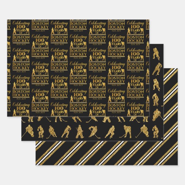 Boston Hockey Black And Gold Wrapping Paper Sheet (Set)