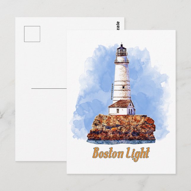 Boston Light Lighthouse Watercolor - Massachusetts Postcard (Front/Back)