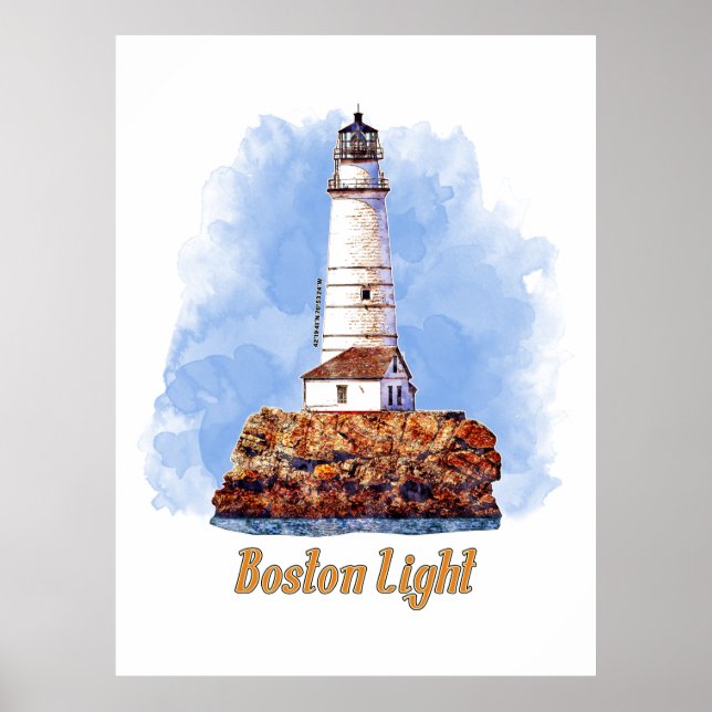 Boston Light Lighthouse Watercolor - Massachusetts Poster (Front)