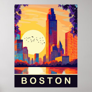 Boston, MA, Skyline on Sunset, Travel Poster