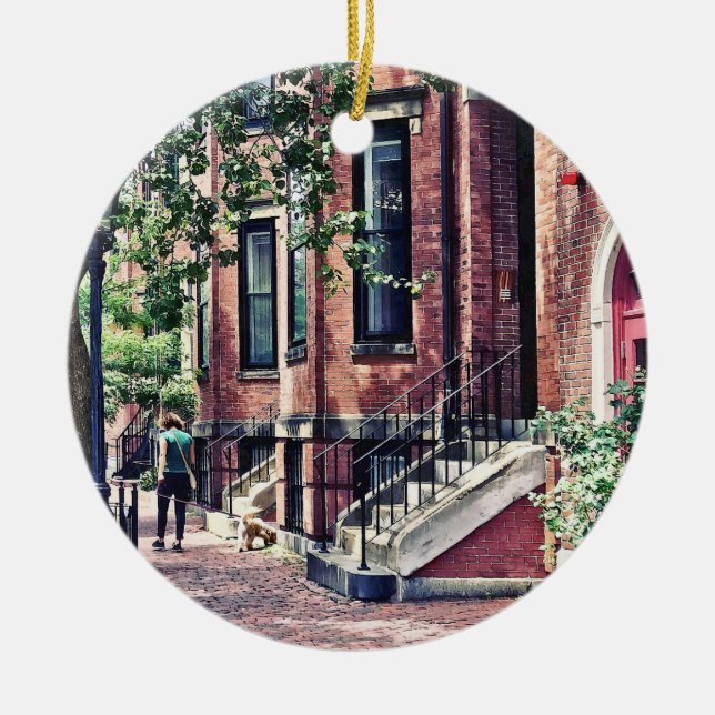 Boston MA - Walking the Dog on Mount Vernon Street Ceramic Tree Decoration (Front)