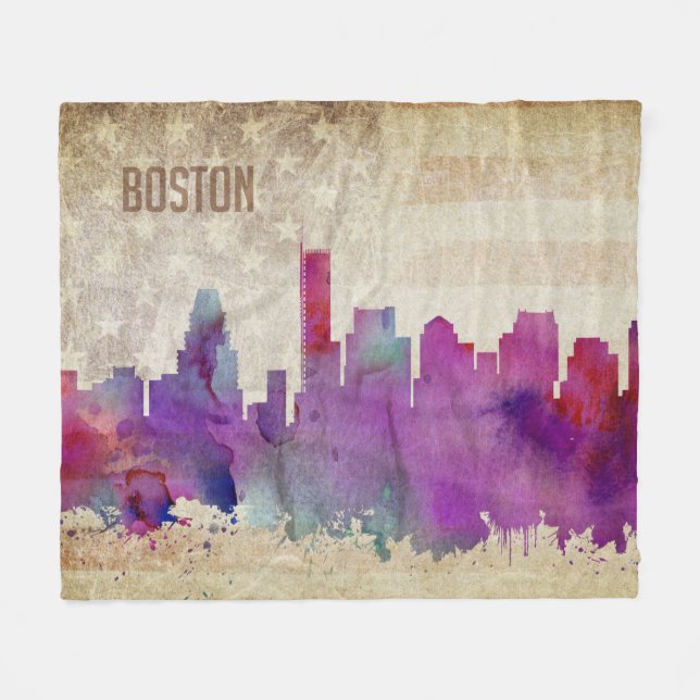 Boston, MA | Watercolor City Skyline Fleece Blanket (Front (Horizontal))