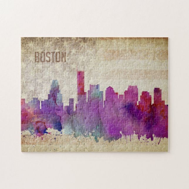 Boston, MA | Watercolor City Skyline Jigsaw Puzzle (Horizontal)