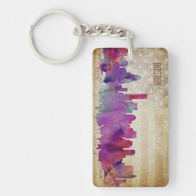 Boston, MA | Watercolor City Skyline Key Ring (Front)
