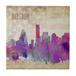 Boston, MA   Watercolor City Skyline Tile