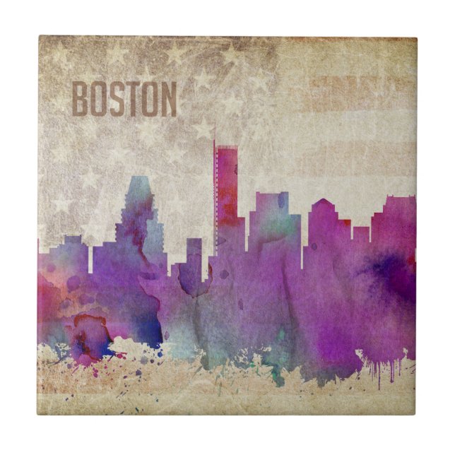 Boston, MA | Watercolor City Skyline Tile (Front)