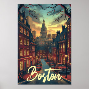 Boston massachuset Vintage Art Travel Illustration Poster