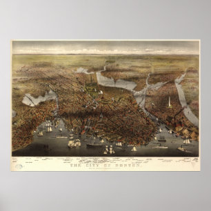 Boston Massachusetts 1873 Antique Panoramic Map Poster
