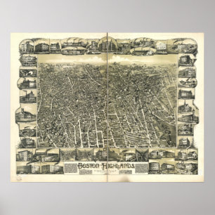 Boston Massachusetts 1888 Antique Panoramic Map Poster