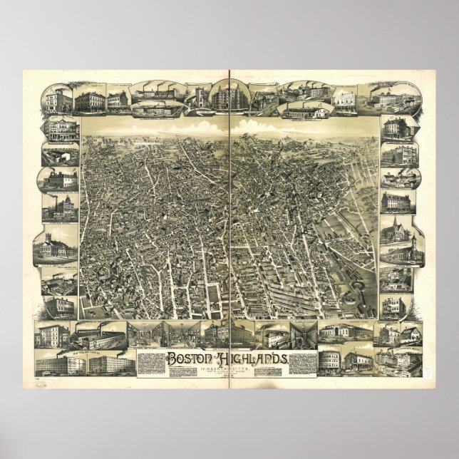 Boston Massachusetts 1888 Antique Panoramic Map Poster (Front)