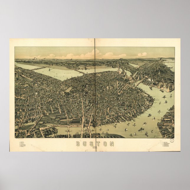 Boston Massachusetts 1899 Antique Panoramic Map Poster (Front)