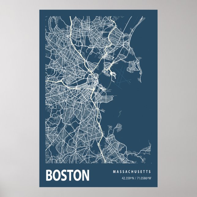 Boston Massachusetts City Map Line Art Blue Print (Front)