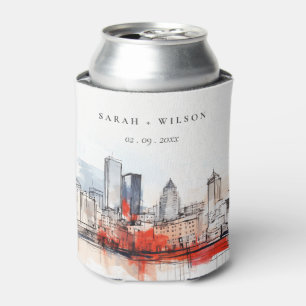 Boston Massachusetts City Scape Watercolor Wedding Can Cooler