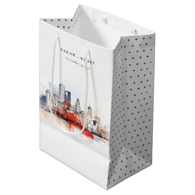 Boston Massachusetts City Scape Watercolor Wedding Medium Gift Bag (Front Angled)