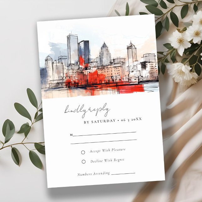 Boston Massachusetts City Scape Watercolor Wedding RSVP Card (Creator Uploaded)