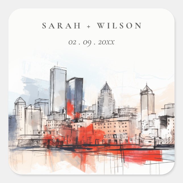 Boston Massachusetts City Scape Watercolor Wedding Square Sticker (Front)