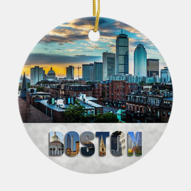 Boston Massachusetts City Skyline Christmas Ceramic Tree Decoration (Front)