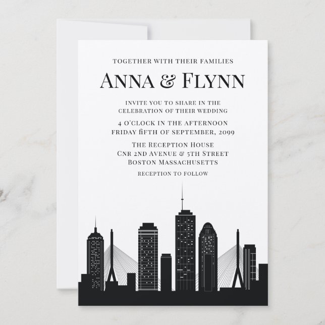 Boston Massachusetts City Skyline Wedding Party Invitation (Front)