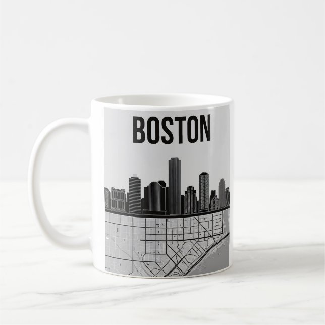 Boston Massachusetts City Skyline With Map Coffee Mug (Left)