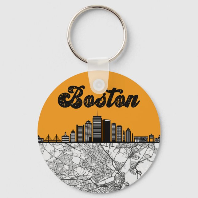 Boston Massachusetts City Skyline With Map Key Ring (Front)