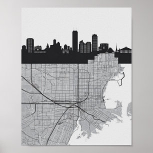Boston Massachusetts City Skyline With Map Poster