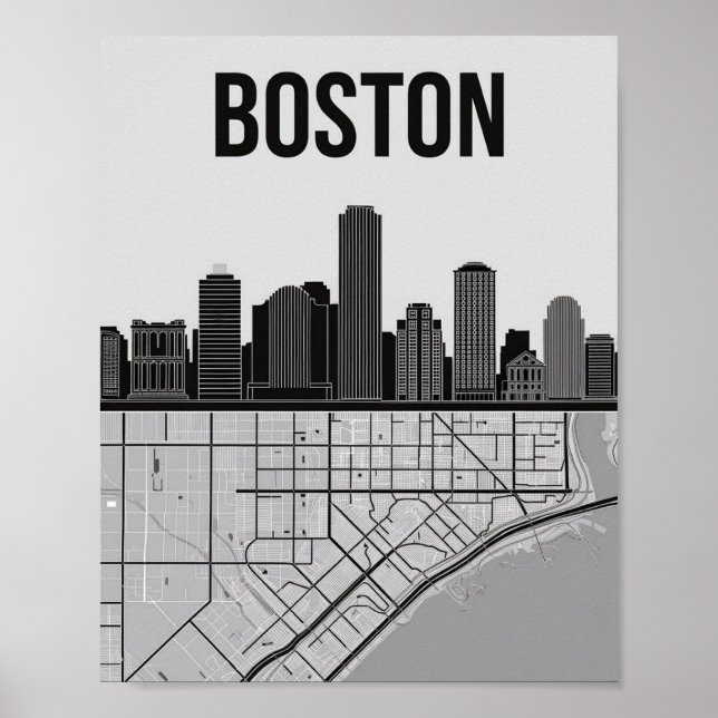 Boston Massachusetts City Skyline With Map Poster (Front)
