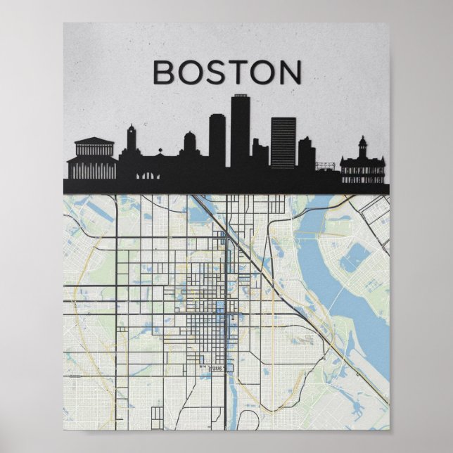 Boston Massachusetts City Skyline With Map Poster (Front)